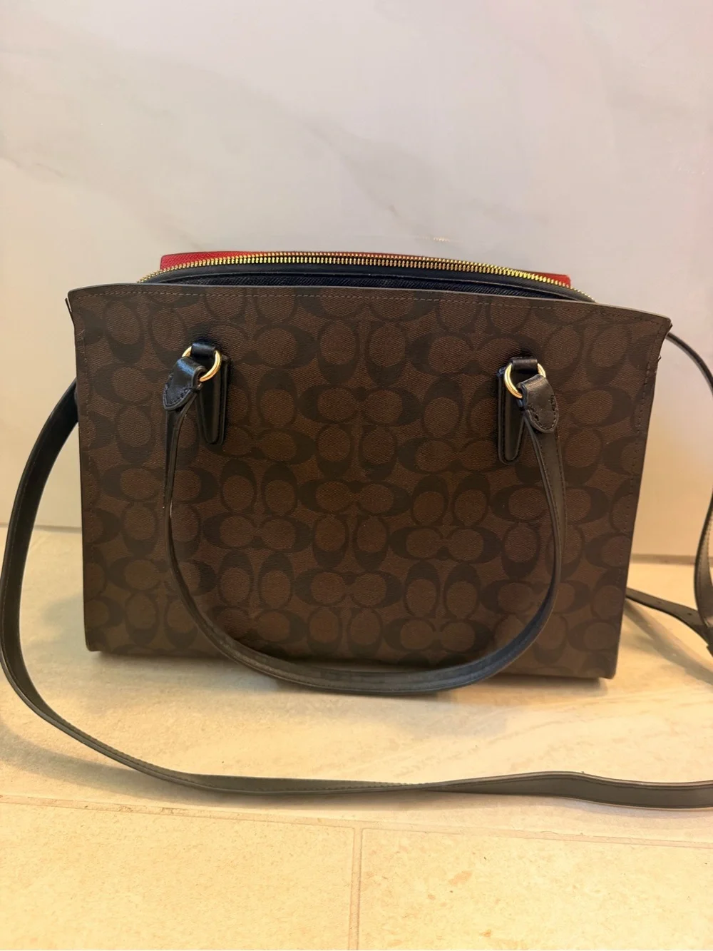 COACH Tatum  Brown Signature Crossbody Tote with Red Zip Accent